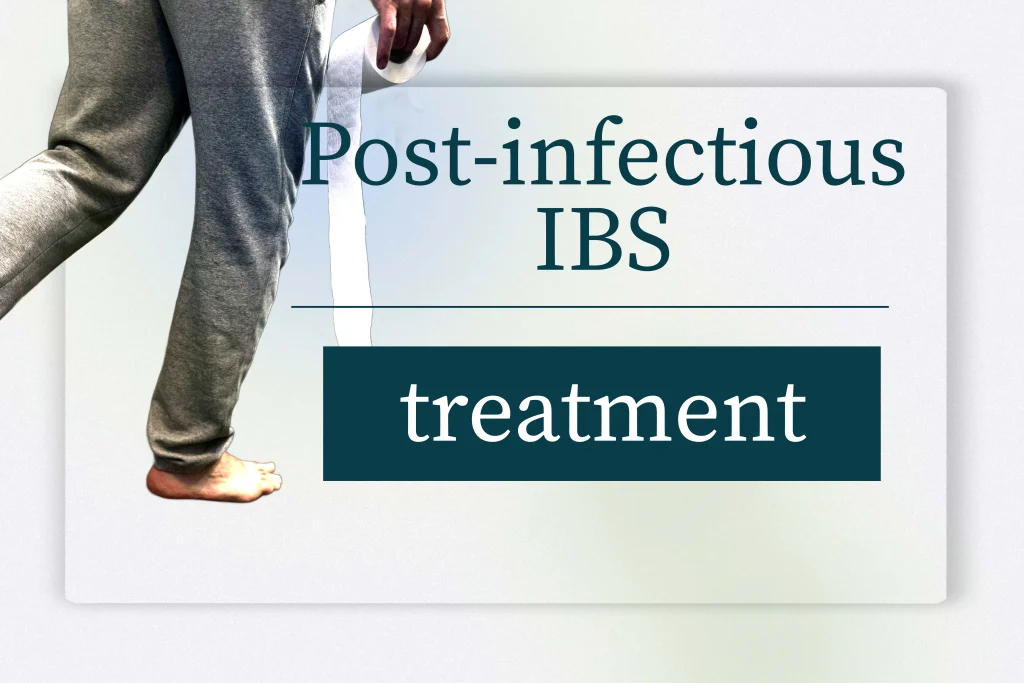 Post-infectious IBS treatment graphic featuring a person holding toilet paper and walking toward the bathroom, symbolizing urgency and recovery steps