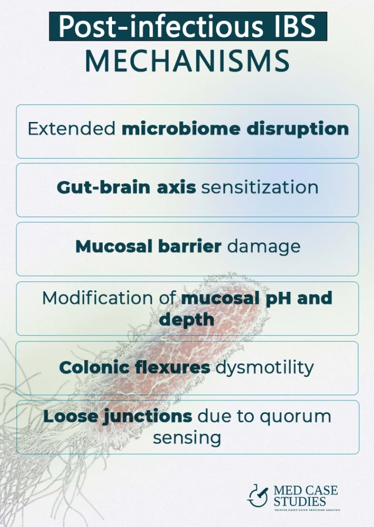 Post infectious IBS treatment mechanisms — infographic listing microbiome disruption, gut–brain sensitization, mucosal barrier damage, pH/depth changes, flexure dysmotility, and loose junctions.