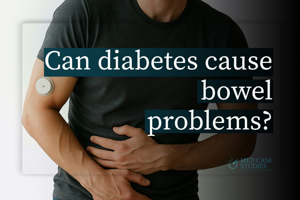 Can diabetes cause bowel problems A man wearing a continuous glucose monitor holds his lower abdomen in pain