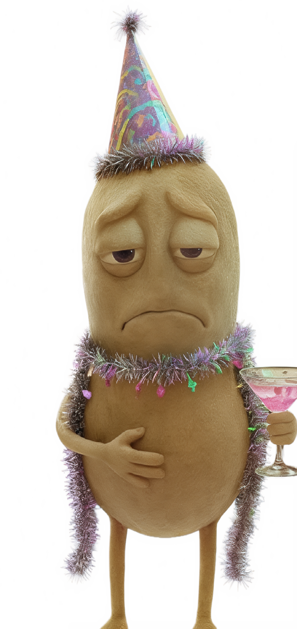 Θλιμμένος χαρακτήρας με καπέλο πάρτι και γιρλάντα κρατά κοκτέιλ, συμβολίζοντας το hangover και τη σχέση του με το εντερικό μικροβίωμα.