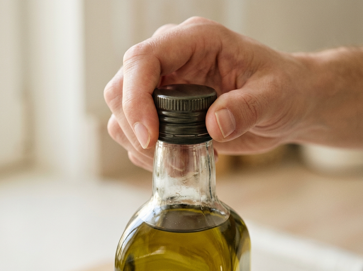 Χέρι κλείνει σφιχτά το καπάκι μπουκαλιού ελαιολάδου