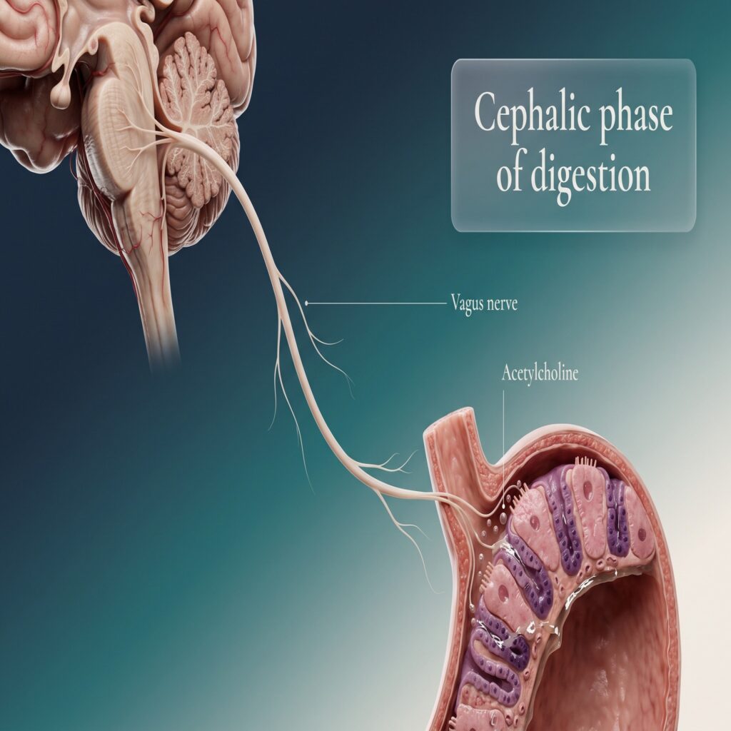 Scientific American style hero cover showing the medulla, the vagus nerve and the stomach preparing digestion before the first bite