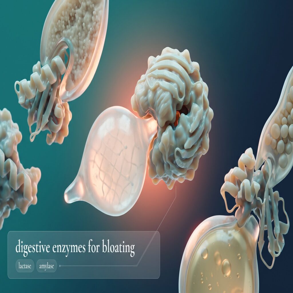 Digestive enzymes for bloating: enzyme-shaped puzzle pieces fitting into food-shaped sockets