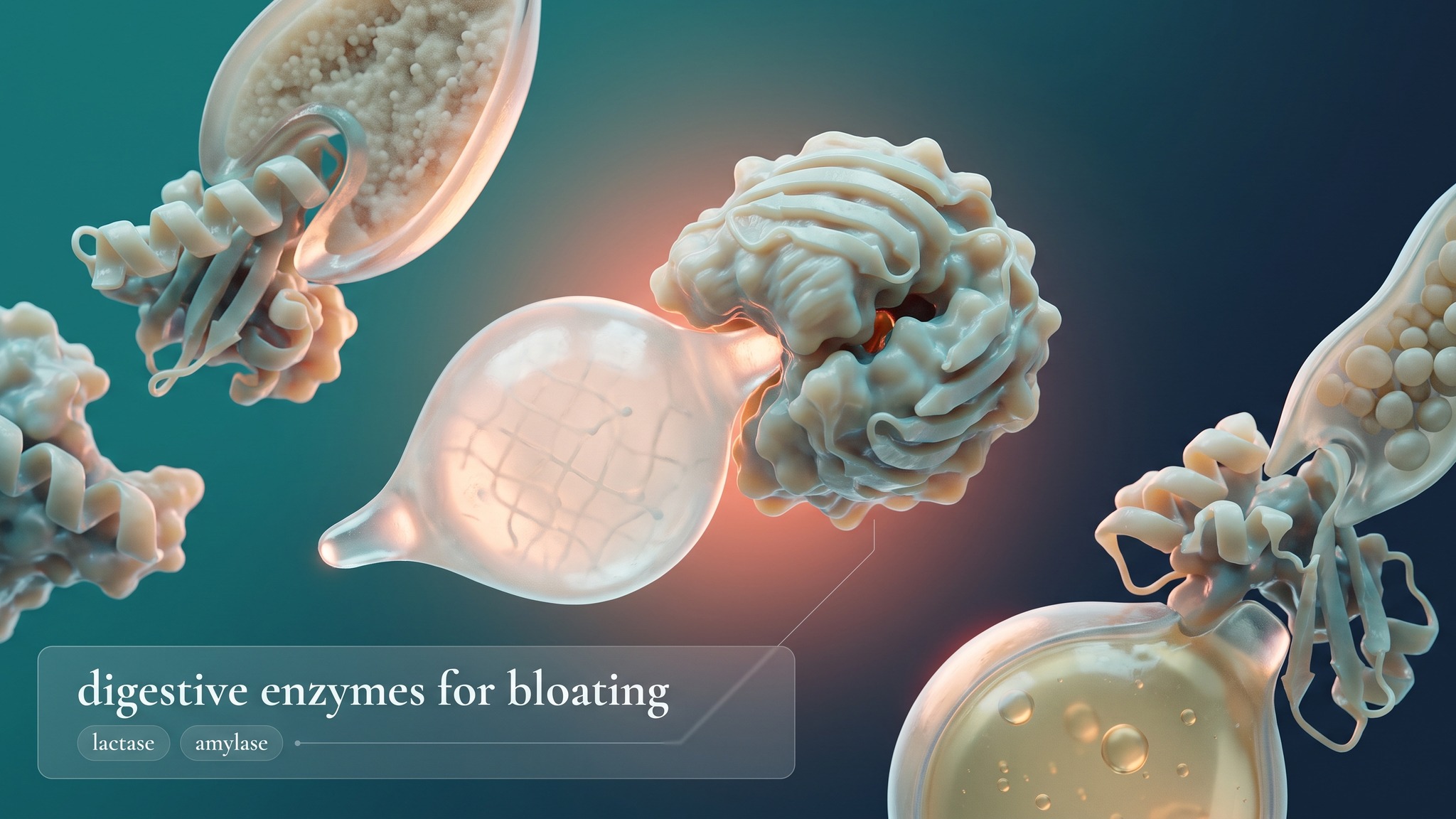 Digestive enzymes for bloating: enzyme-shaped puzzle pieces fitting into food-shaped sockets