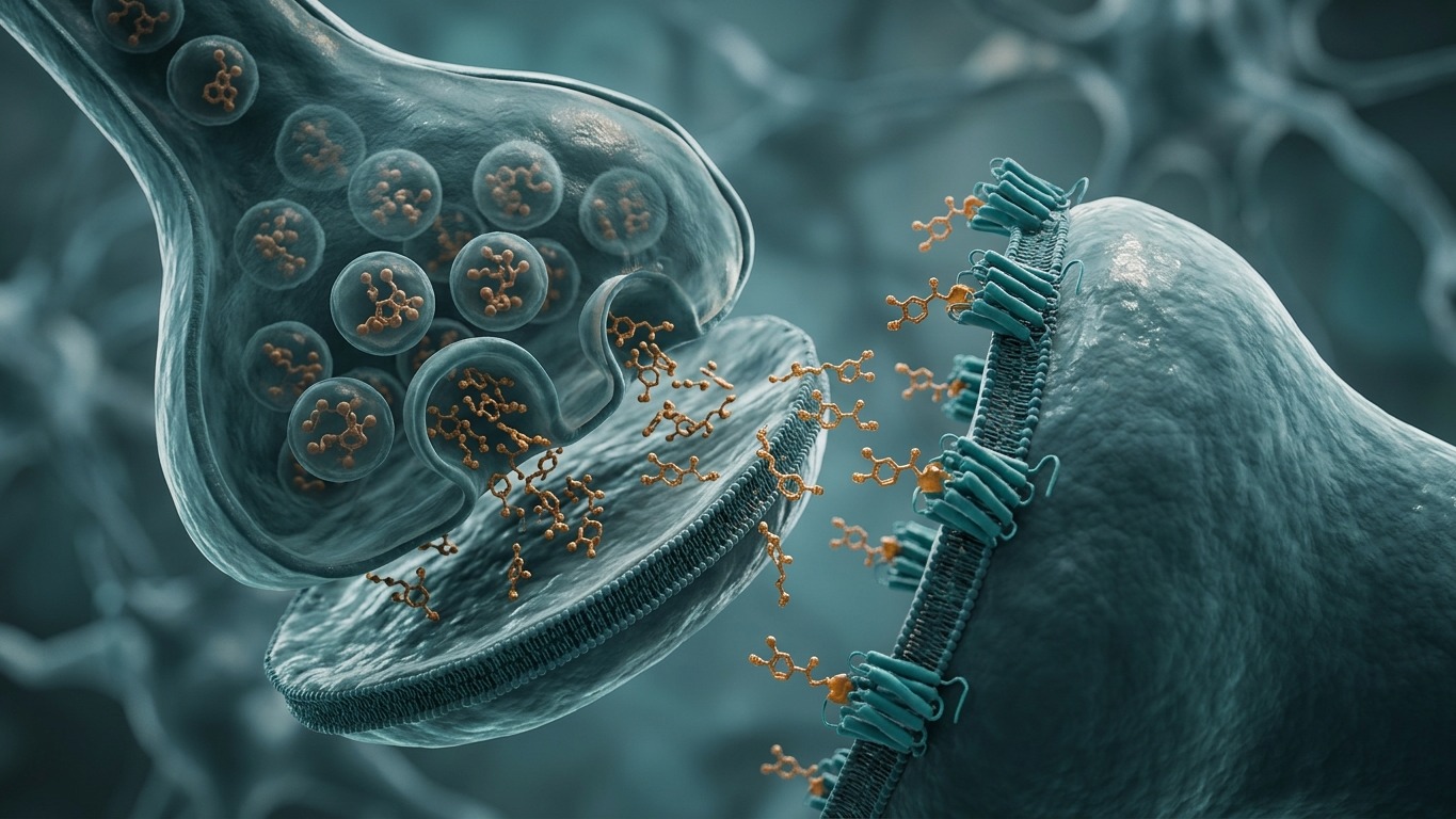 Photorealistic extreme macro view of a neuron with dopamine release and D2 receptors
