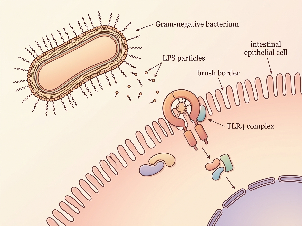 Textbook-style microbiome image showing Gram-negative bacteria, LPS and TLR4 activation