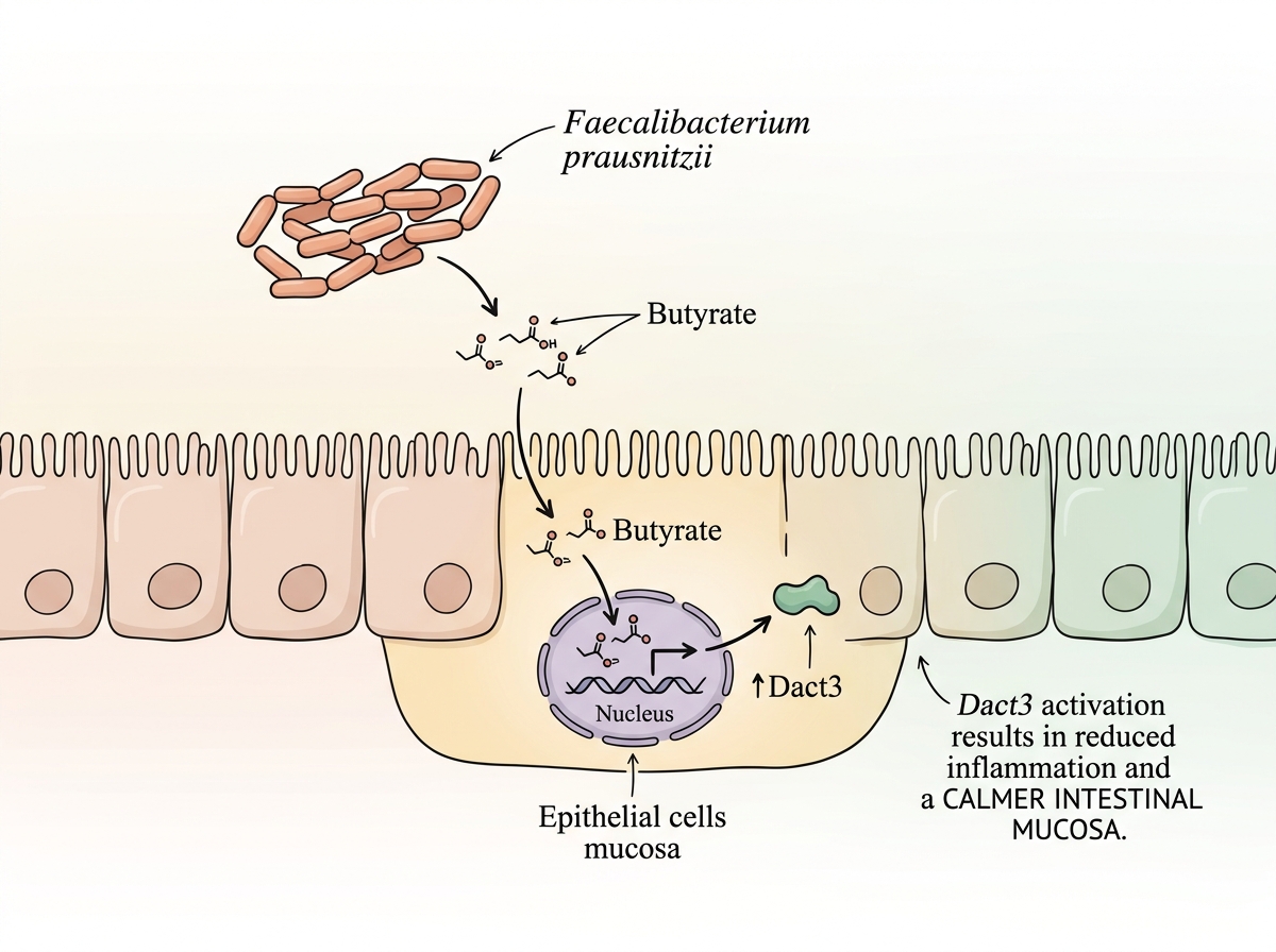 Scientific illustration of Faecalibacterium prausnitzii producing butyrate and supporting Dact3 in the mucosa