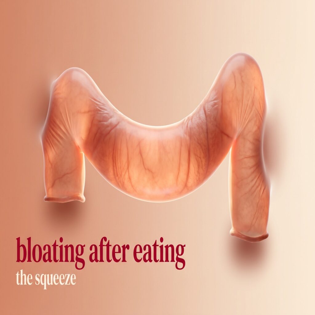 Balloon shaped like the colon squeezed at both bends, symbolizing bloating and gas after eating