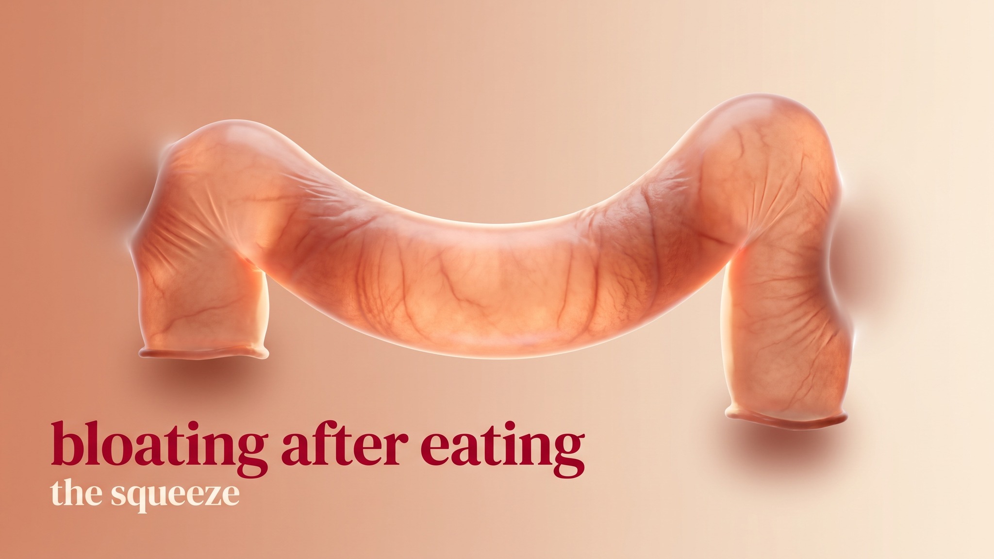Balloon shaped like the colon squeezed at both bends, symbolizing bloating and gas after eating