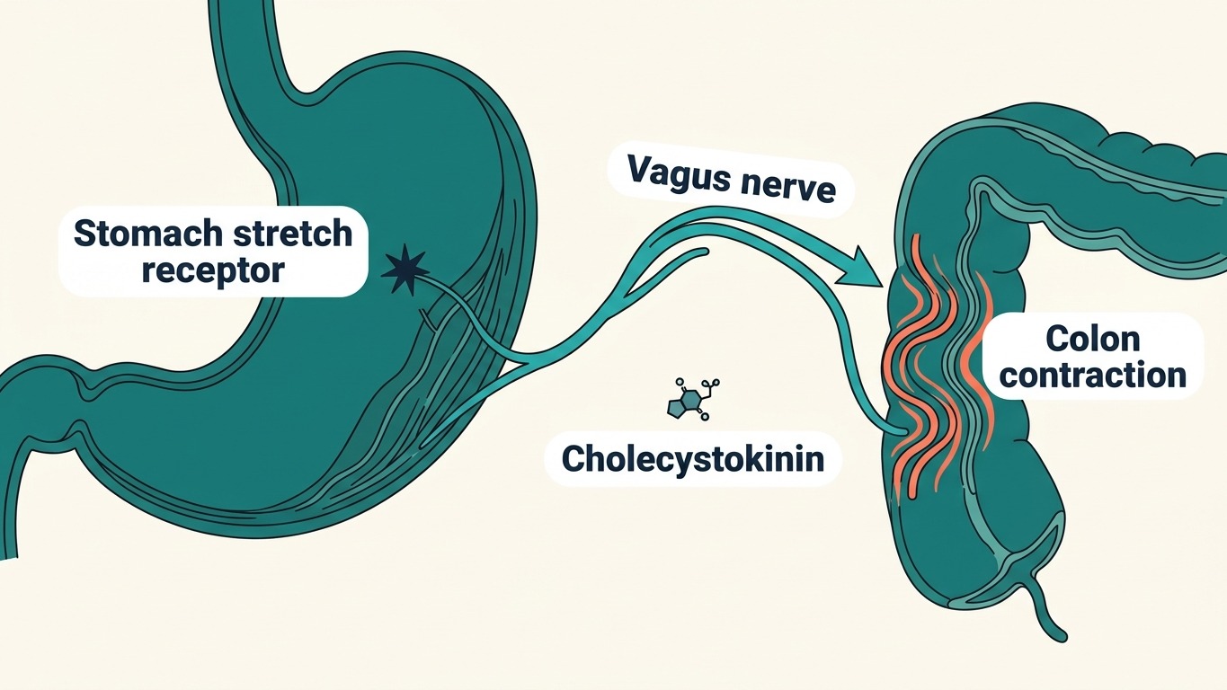 Vagal reflex arc from stomach stretch receptors to colonic smooth muscle contraction, labeled diagram