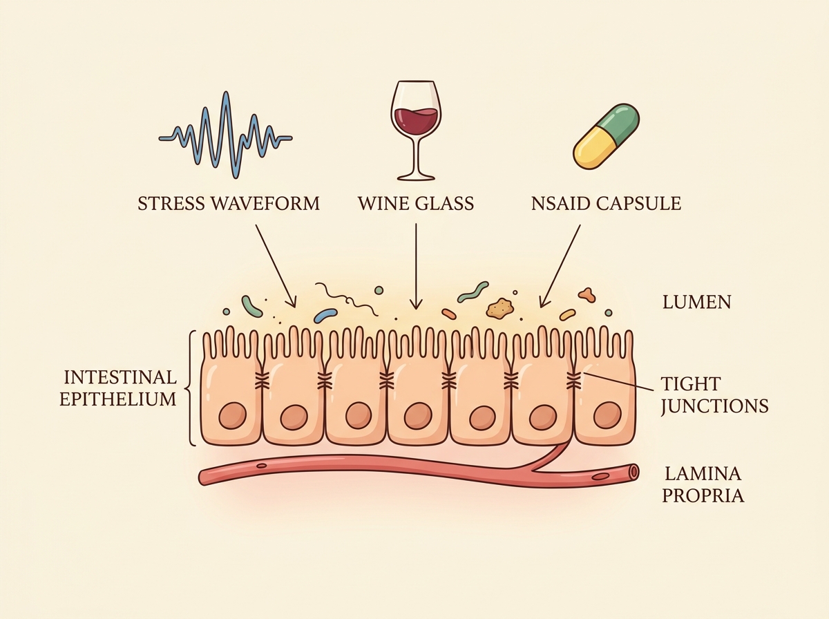Editorial scientific image showing stress, alcohol and NSAIDs feeding into gut barrier irritation