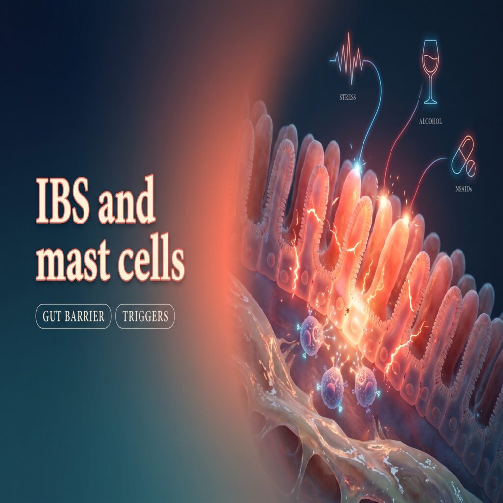 Editorial scientific cover showing IBS, mast cells, gut barrier injury and common triggers such as stress, alcohol and NSAIDs