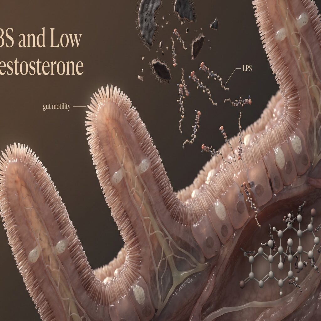 IBS and low testosterone: extreme macro of intestinal villi, bacterial LPS fragments and a dimming testosterone molecule