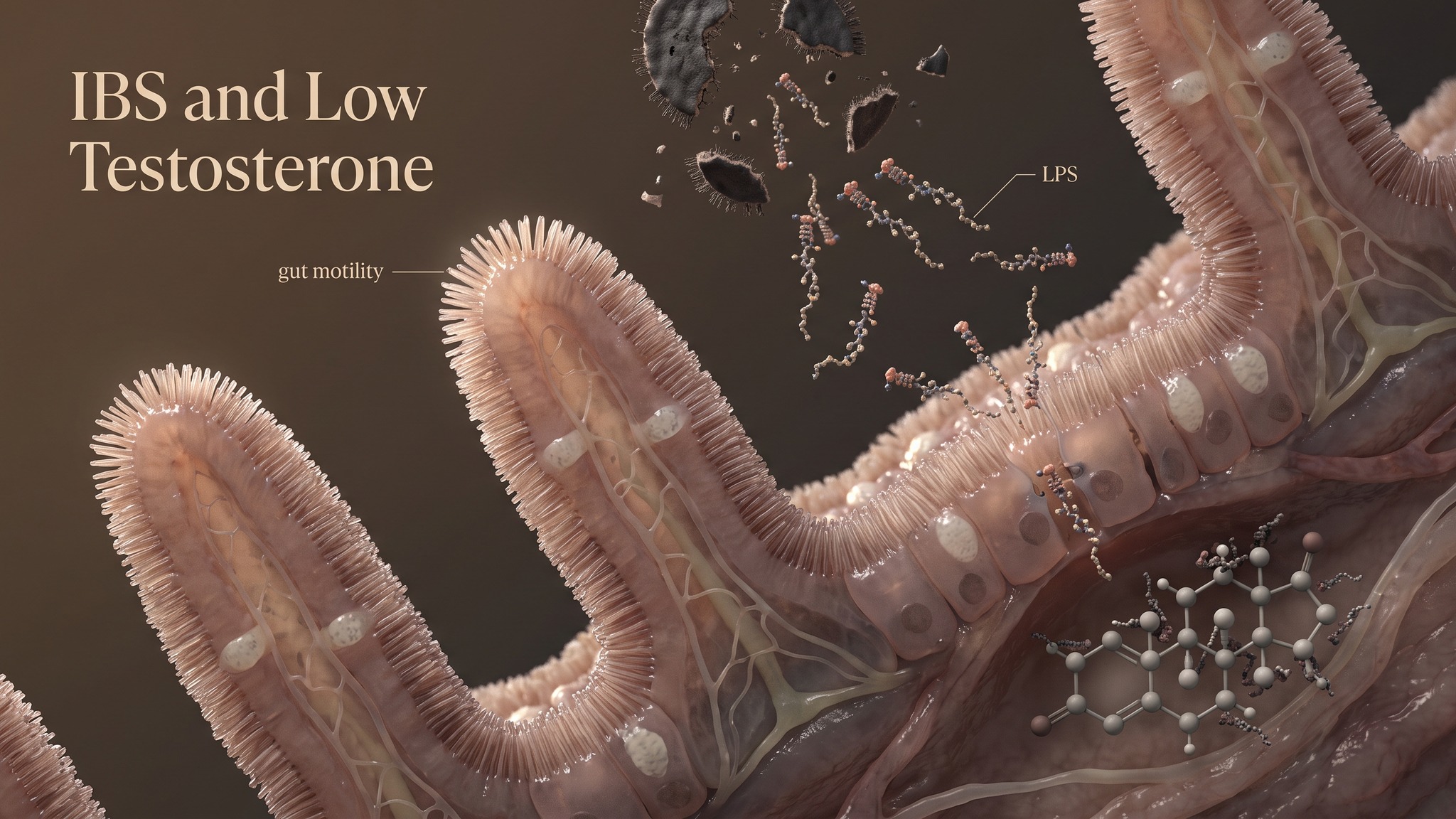 IBS and low testosterone: extreme macro of intestinal villi, bacterial LPS fragments and a dimming testosterone molecule