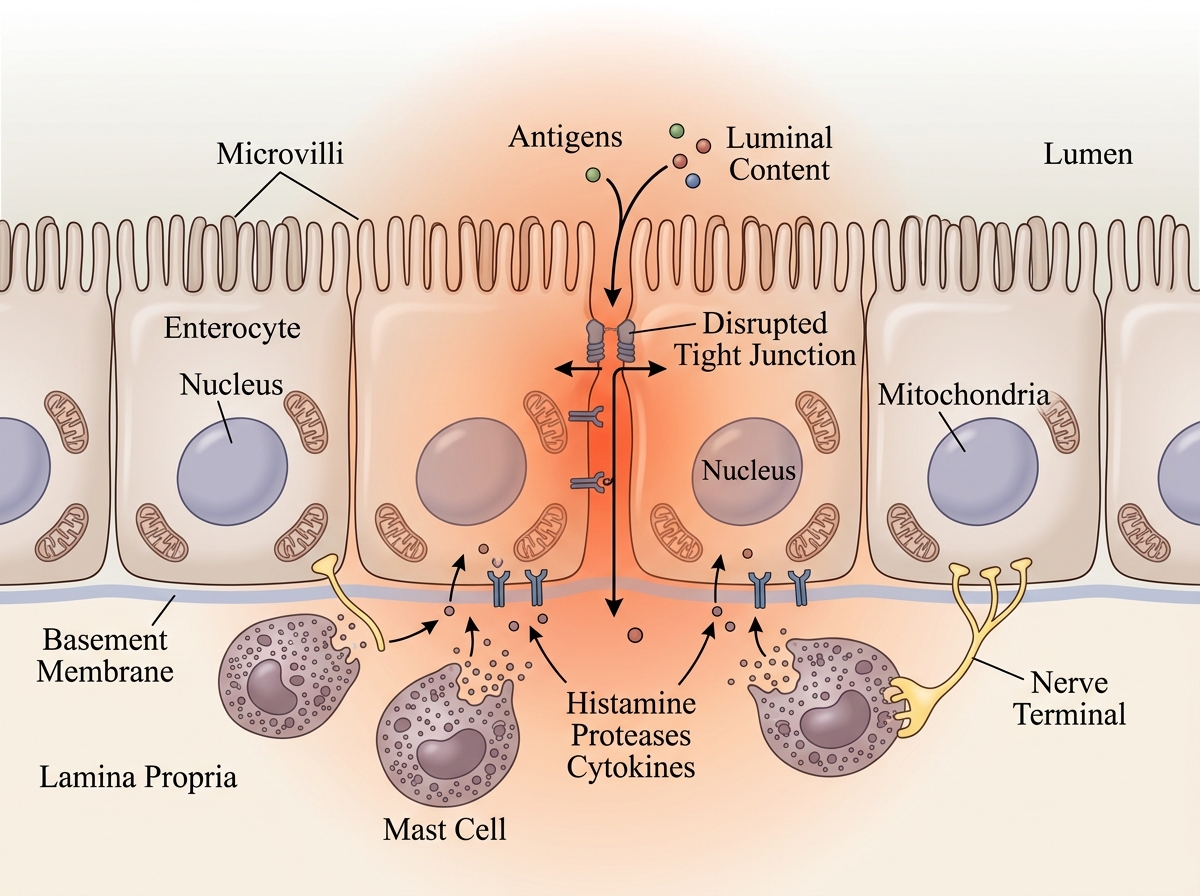 Scientific illustration of an irritable gut barrier with activated mast cells nearby