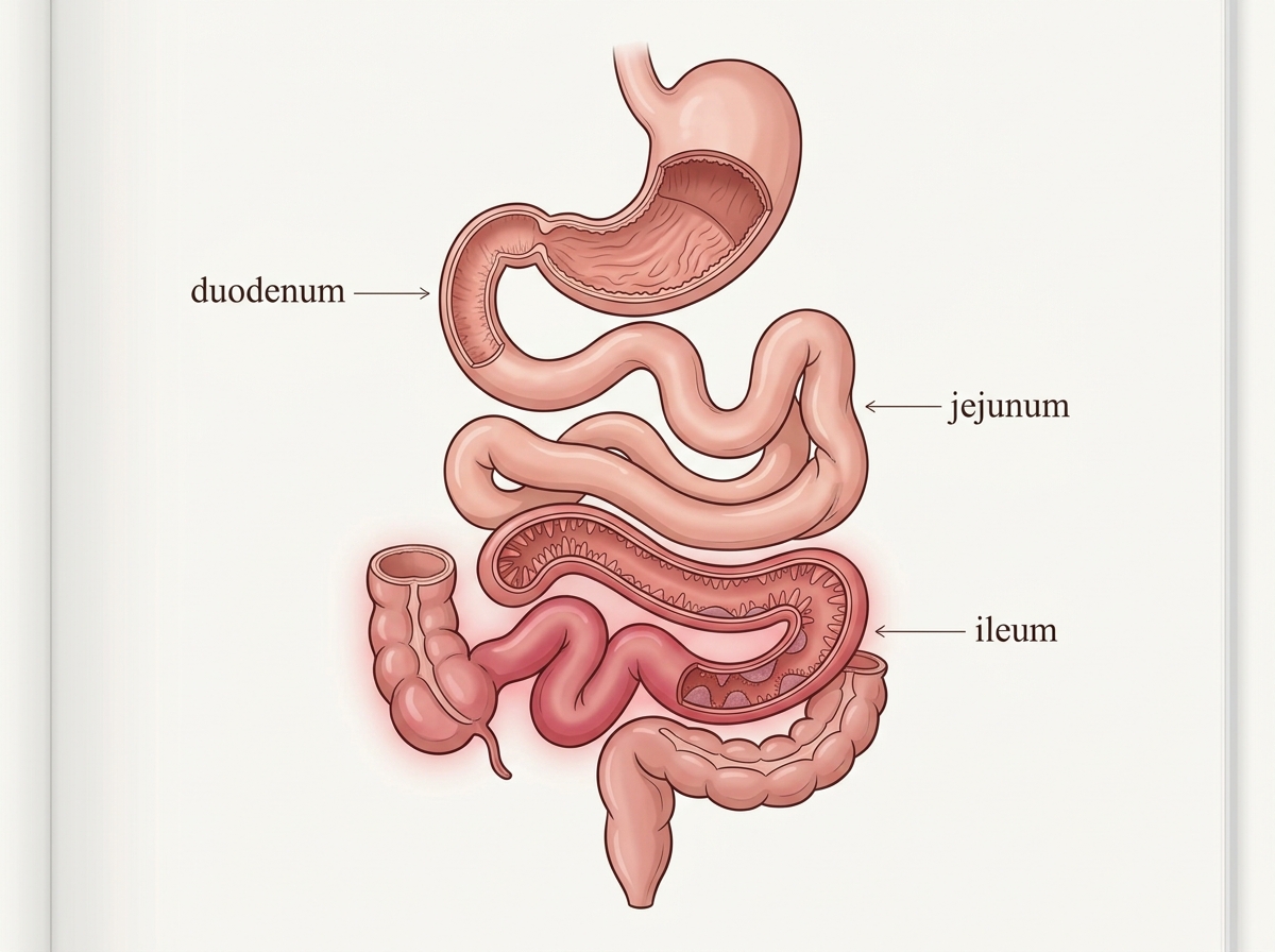 Albert's Molecular Biology Textbook style illustration of the small intestine with emphasis on the ileum