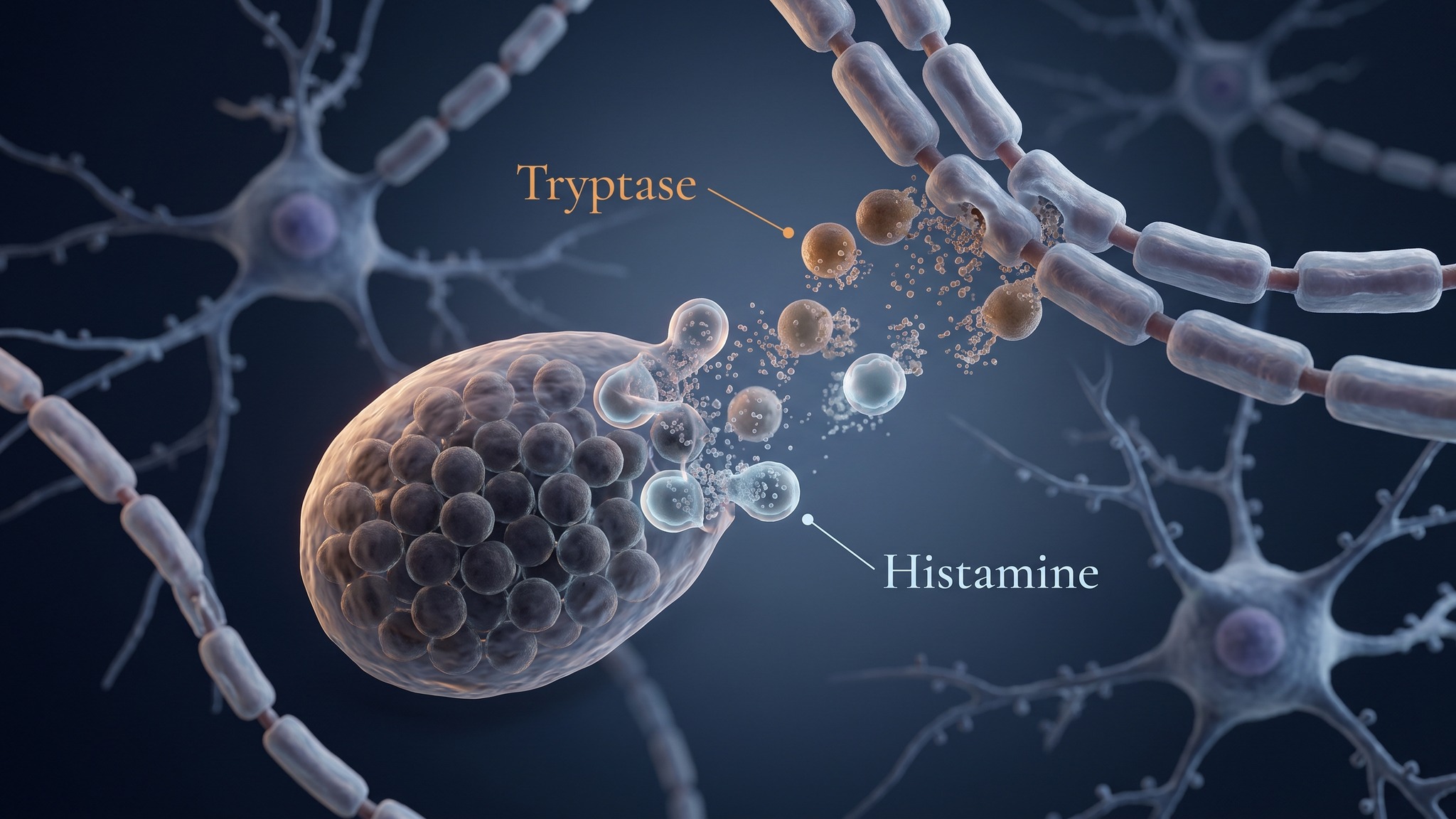 Migraine and IBS: extreme macro of a meningeal mast cell releasing tryptase and histamine near a trigeminal nerve fiber in a brain-interior setting