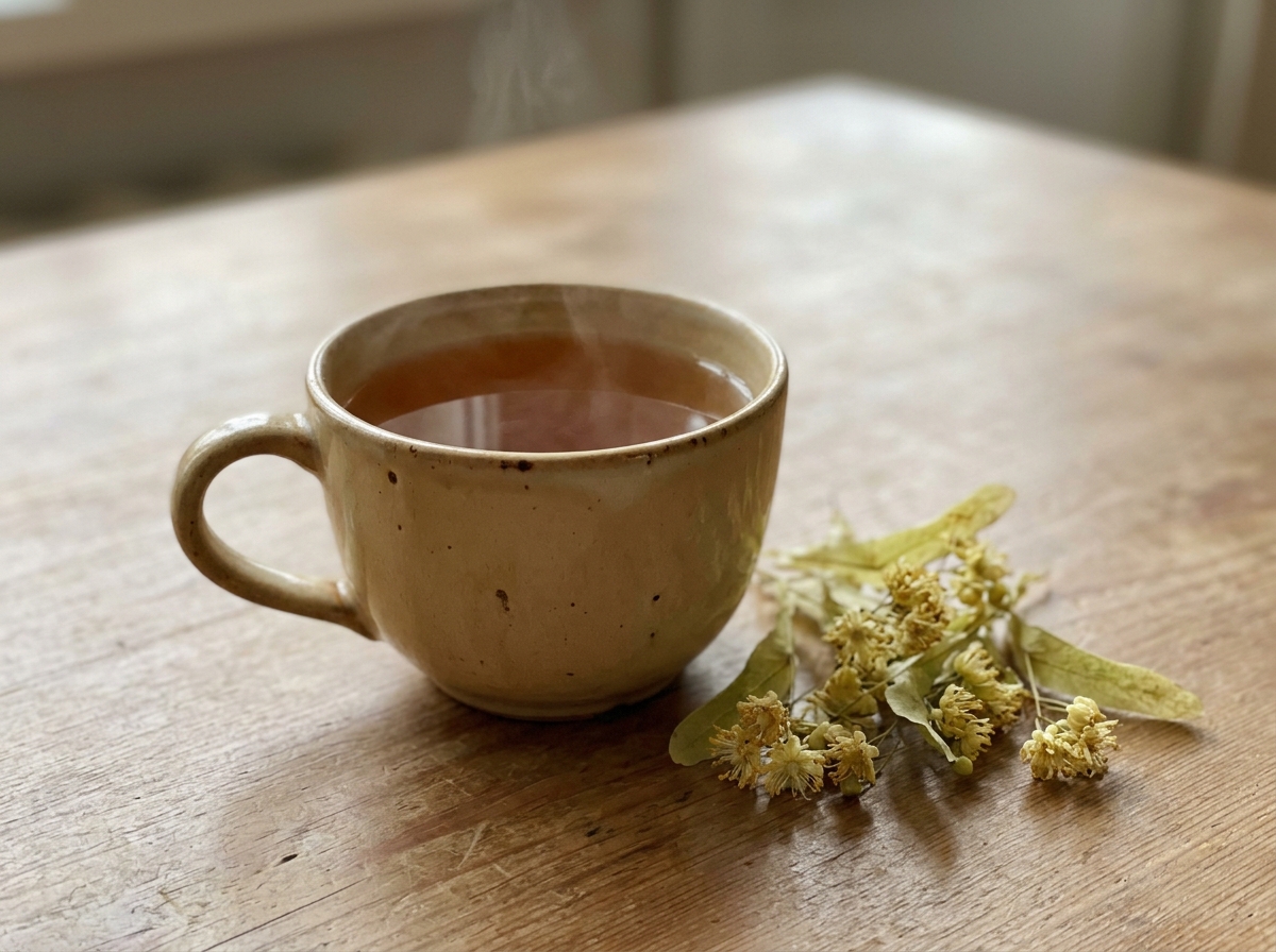 A cup of golden linden tea with dried linden flowers