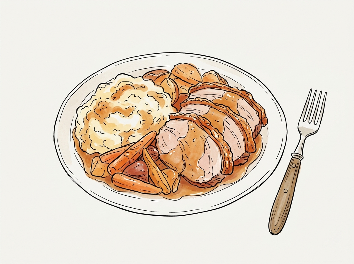 Hand drawn plate of a rich, high-fat meal