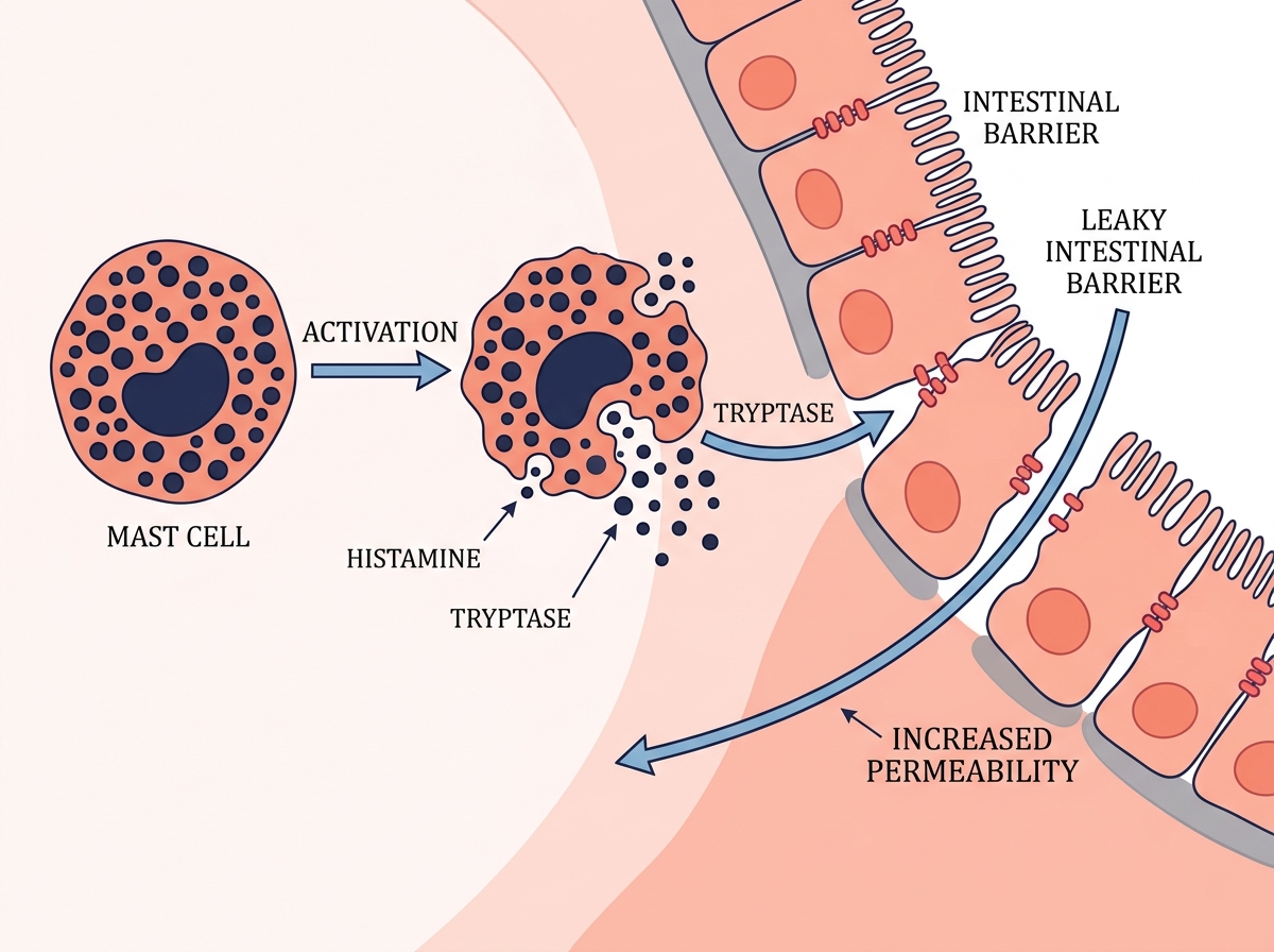 Scientific mechanism illustration of mast cell degranulation next to a leaky intestinal barrier