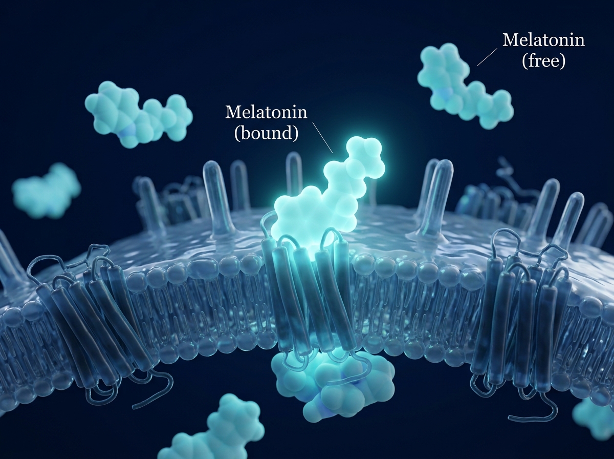 Melatonin molecules binding to a receptor on an intestinal cell during night repair