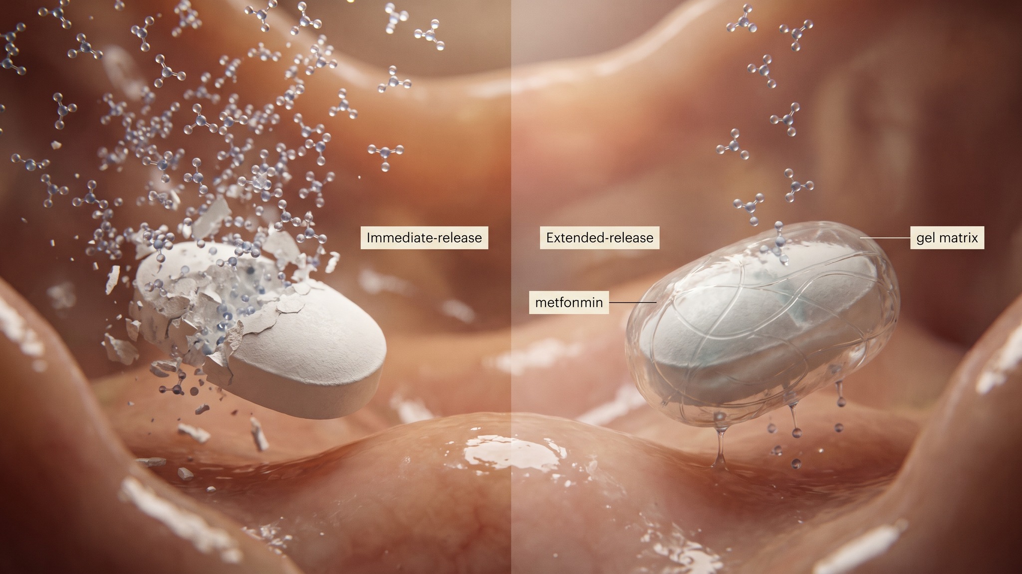 Immediate-release versus extended-release metformin: rapid flooding of the gut on one side, slow release from a gel matrix on the other