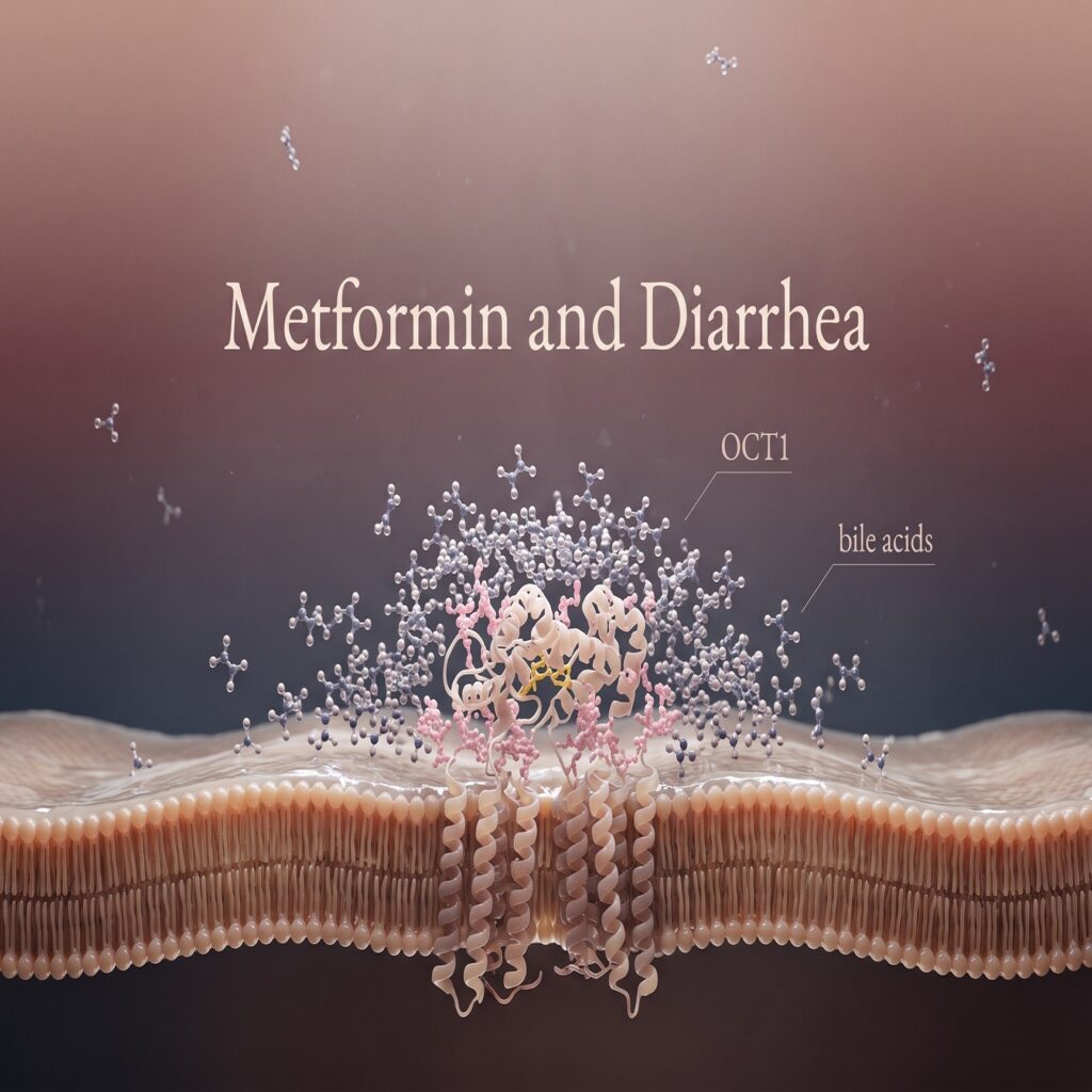Metformin and diarrhea: extreme macro of the OCT1 transporter bottleneck in an intestinal cell, with metformin molecules accumulating above the membrane