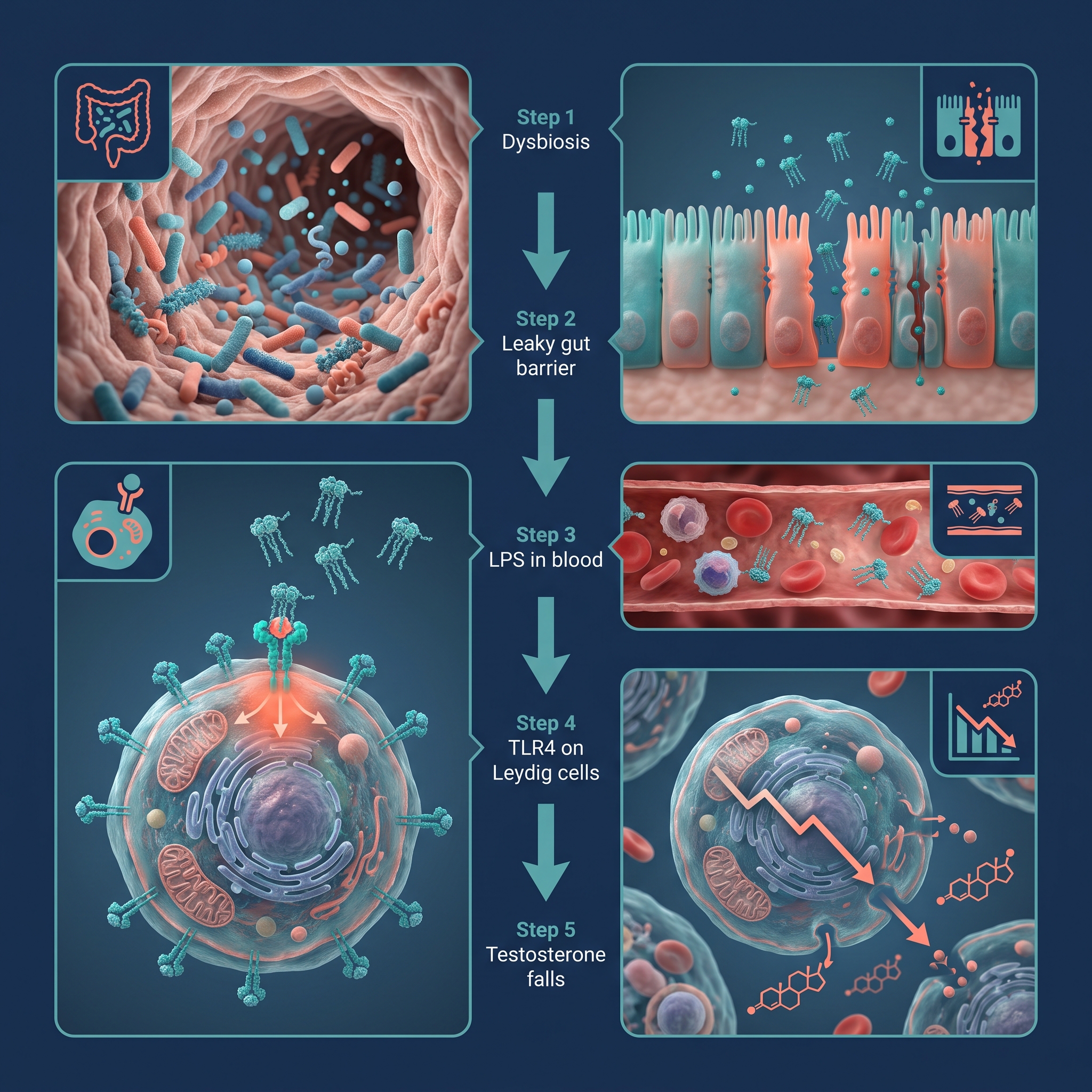 Infographic of the mechanism linking IBS and low testosterone: gut dysbiosis, leaky barrier, LPS in blood, TLR4 activation on Leydig cells and falling testosterone