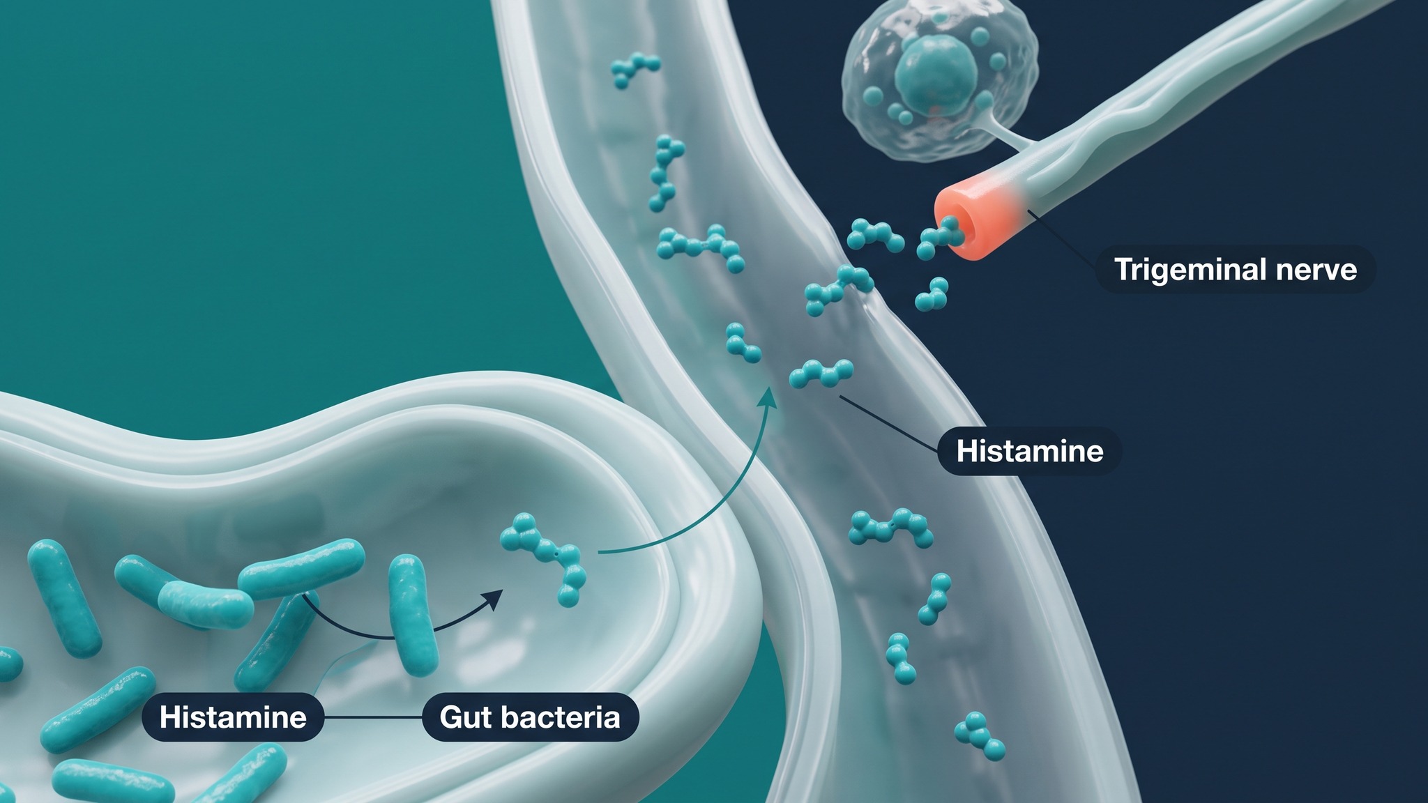 Semi-realistic biomedical illustration showing the pathway from gut bacteria and histamine to trigeminal nerve activation