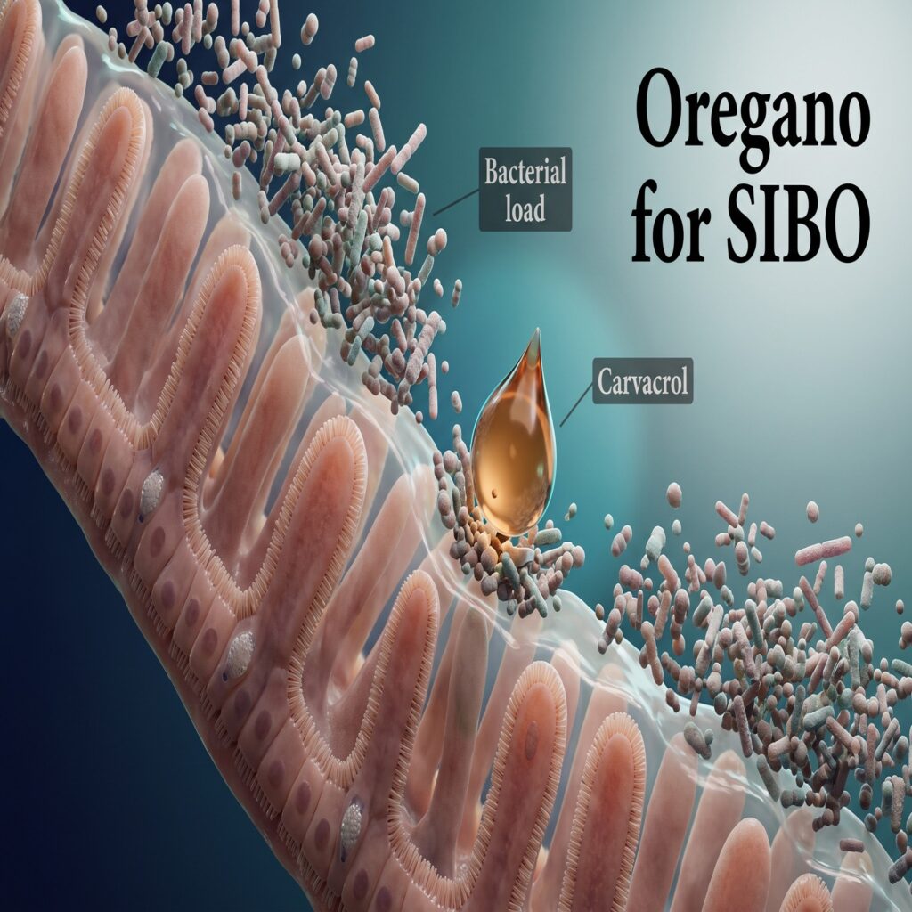 Oregano for SIBO shown as an extreme macro of small-intestinal villi with mucus, luminal bacterial overgrowth and an amber oregano oil droplet
