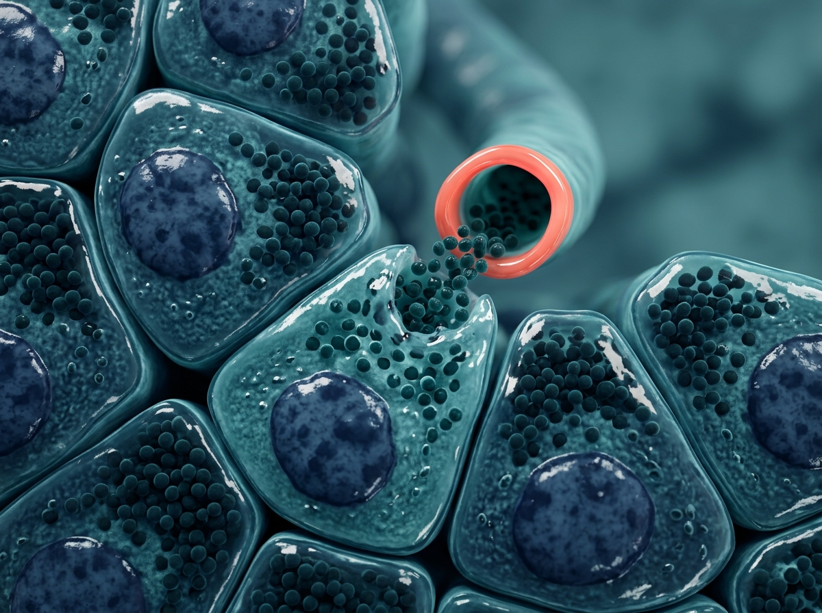 Pancreatic acinar cells releasing enzyme granules into a duct