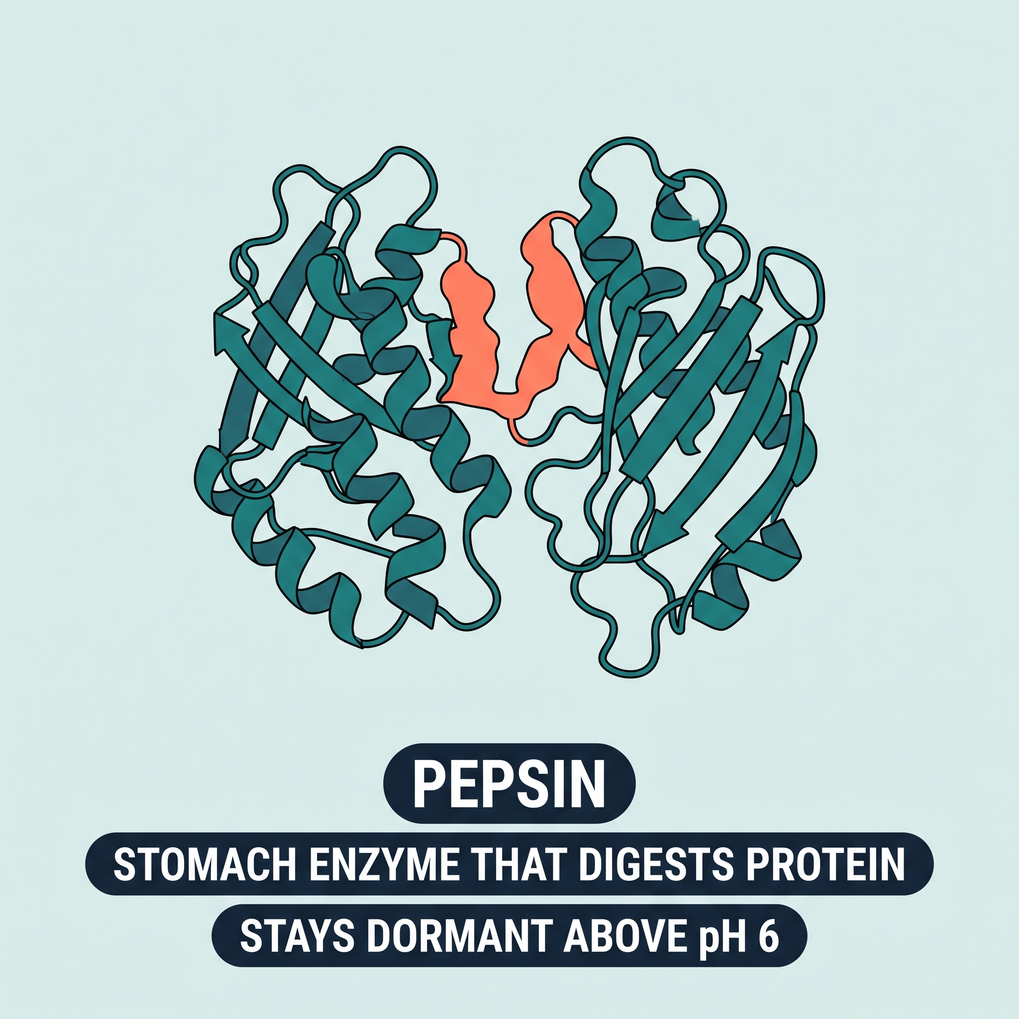 Diagram of pepsin, the stomach enzyme behind silent reflux without heartburn, in a molecular biology textbook style