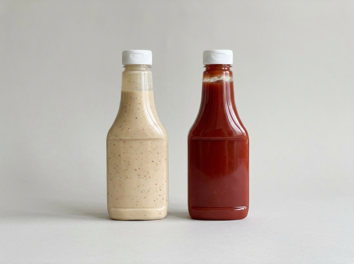 Bottles of processed condiments and sauces