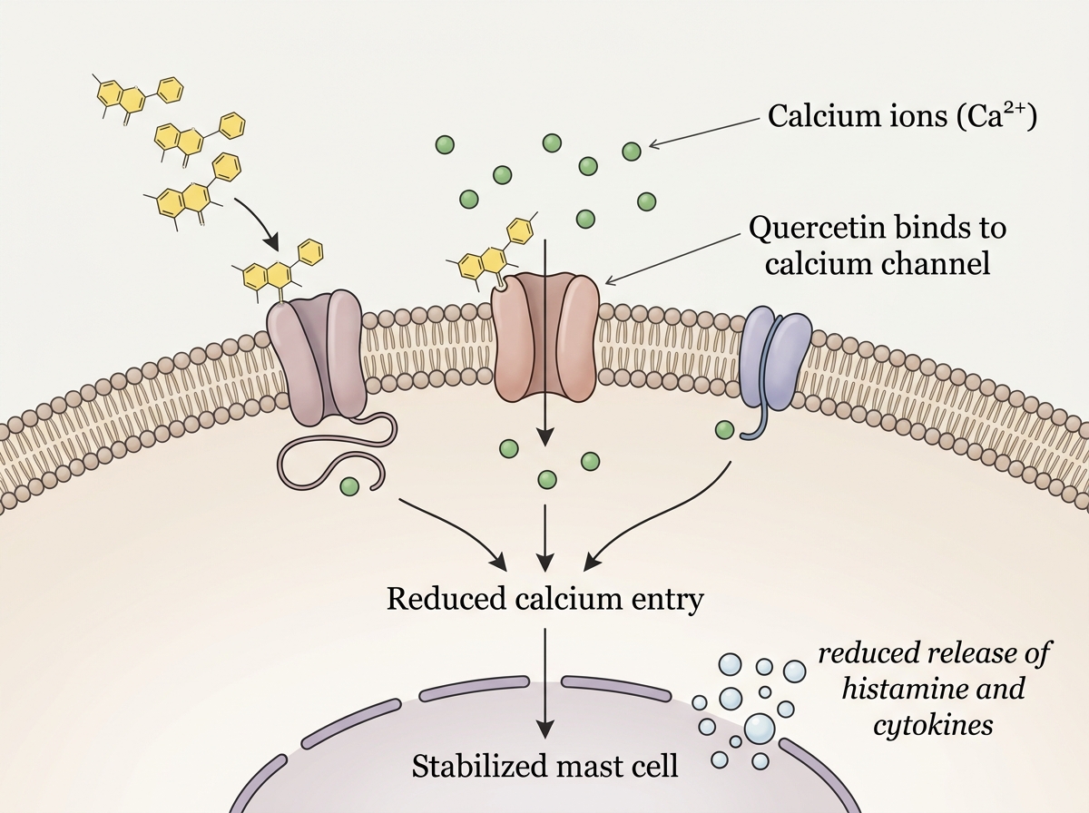 Illustration of quercetin molecules interacting with a mast cell and moderating calcium entry