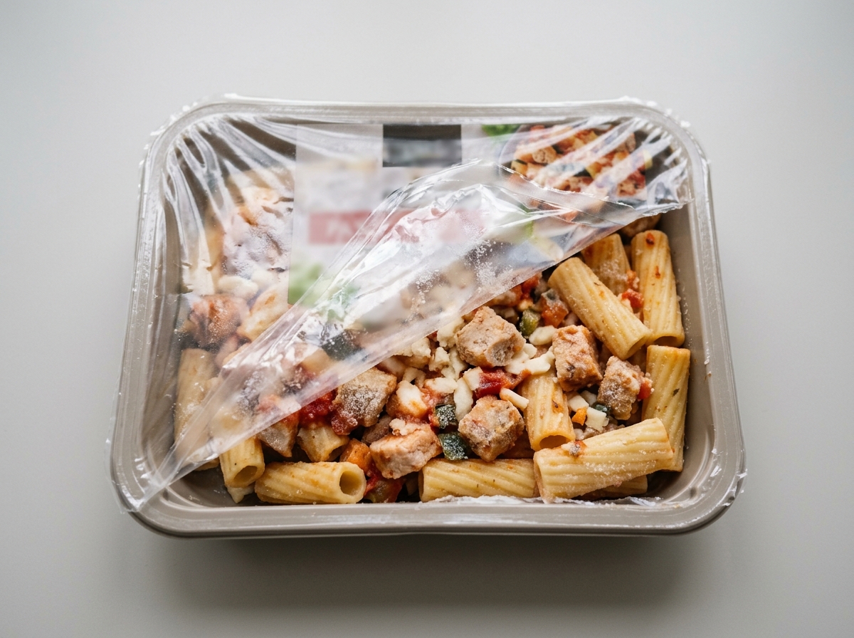 Frozen ready-to-heat meal in its packaging