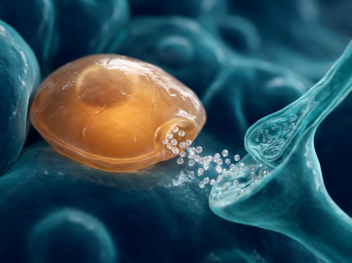 Enterochromaffin cell releasing serotonin toward an enteric nerve in the gut wall