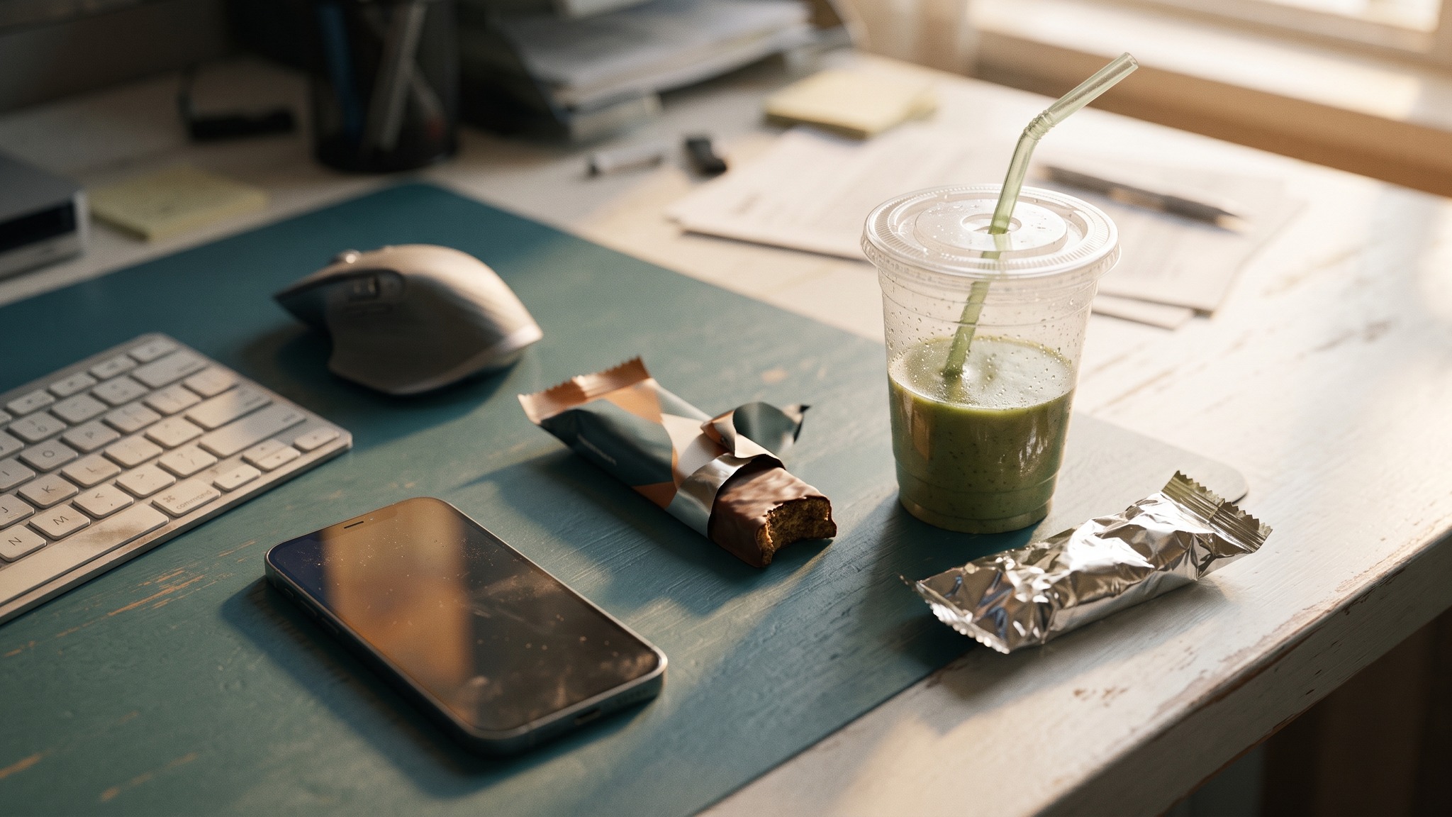 An office desk with all-day grazing snacks at 3 pm, showing why snacking harms digestion