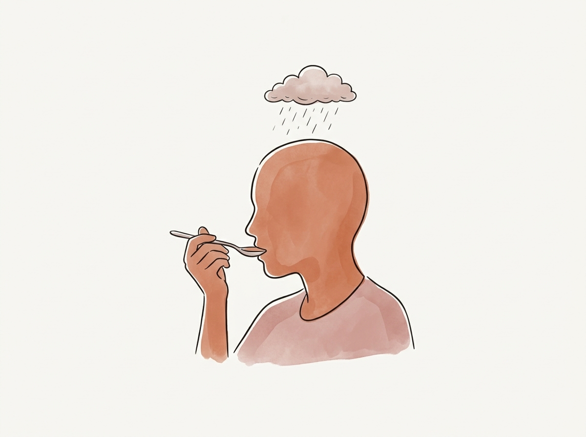 Hand drawn illustration of a person eating under a small storm cloud