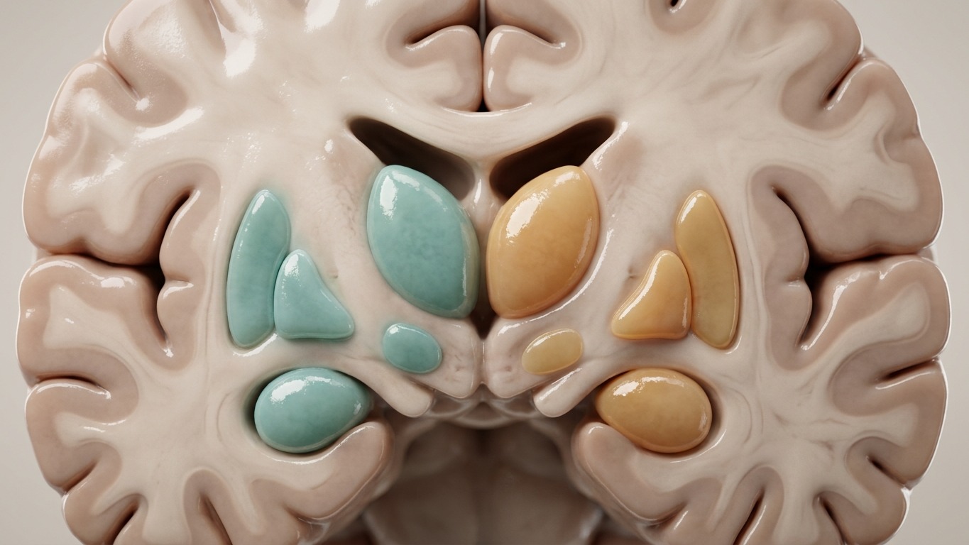 Photorealistic coronal brain cross-section with subcortical nuclei highlighted