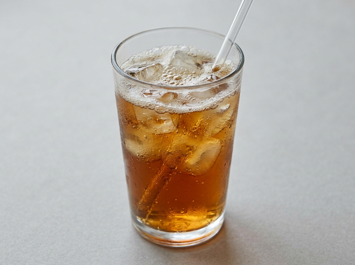 Glass of sugar-sweetened soda with ice