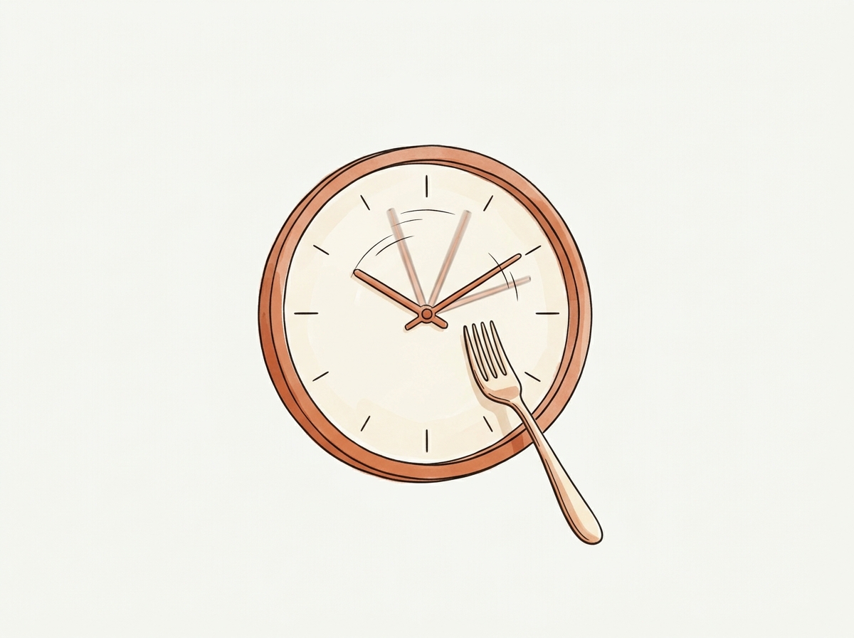 Hand drawn clock with a fork, symbolizing eating too fast