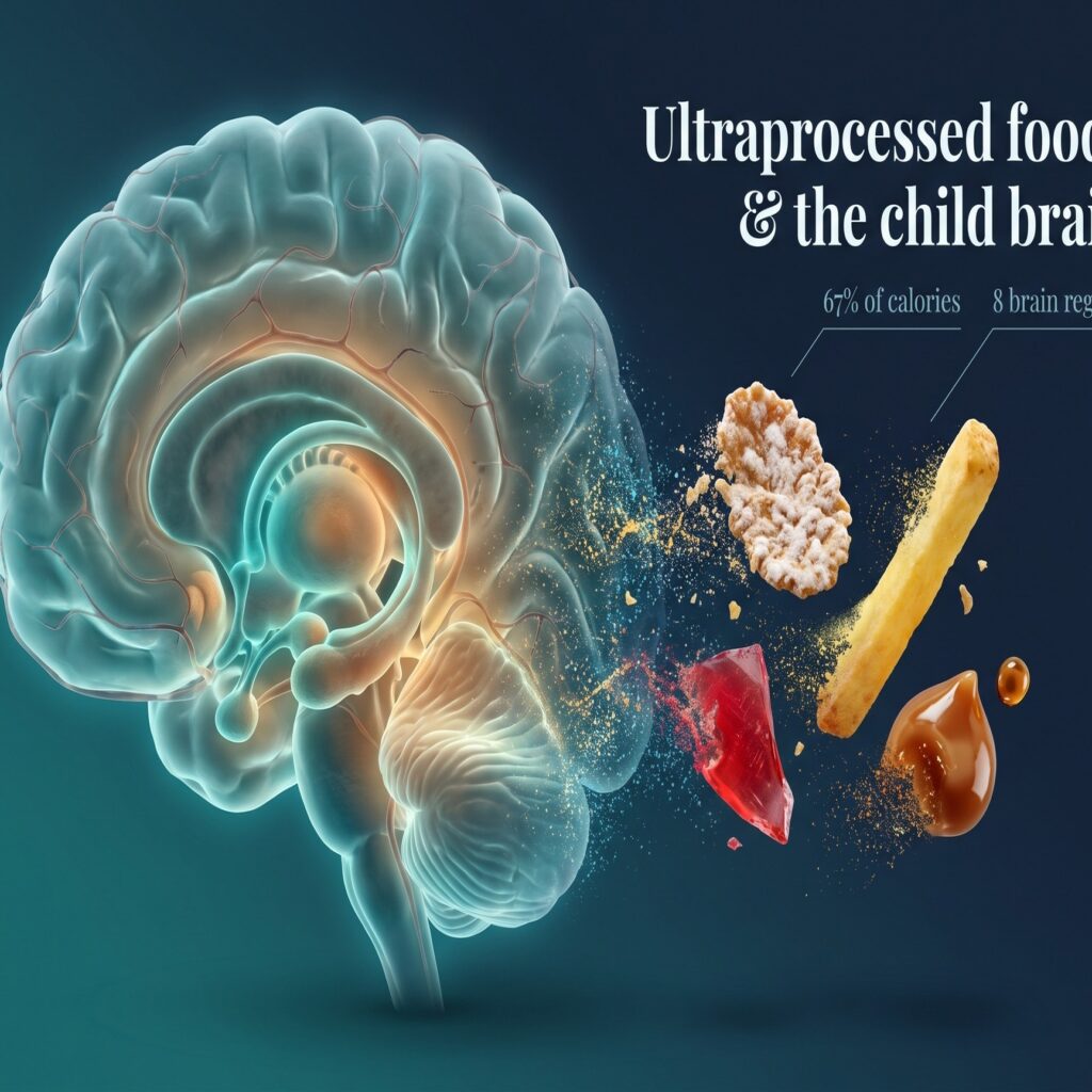 Ultraprocessed foods and children's brains: photorealistic science-cover composition of a glowing brain cross-section and dissolving ultraprocessed food fragments