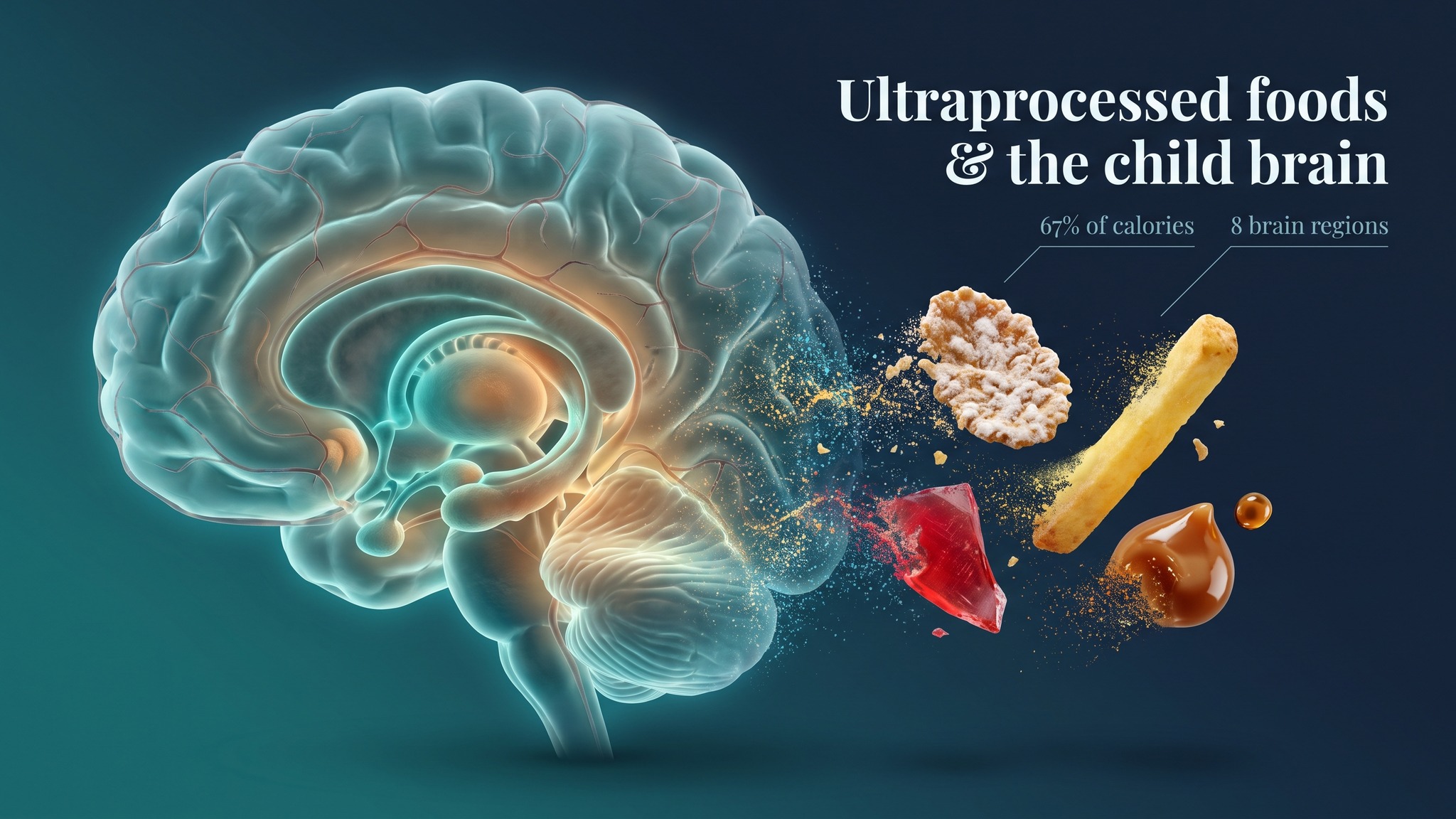 Photorealistic composition of a brain and ultraprocessed foods in a science-magazine cover style