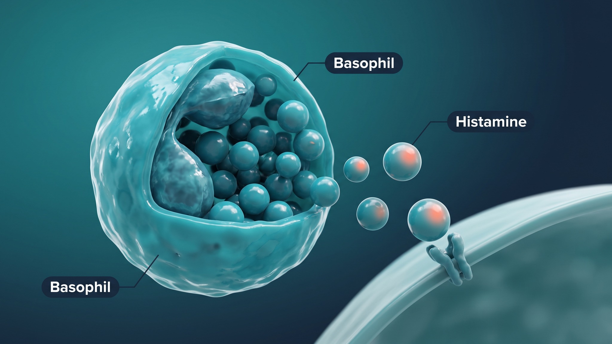 Semi-realistic biomedical illustration of a basophil granulocyte releasing histamine granules toward a nerve receptor