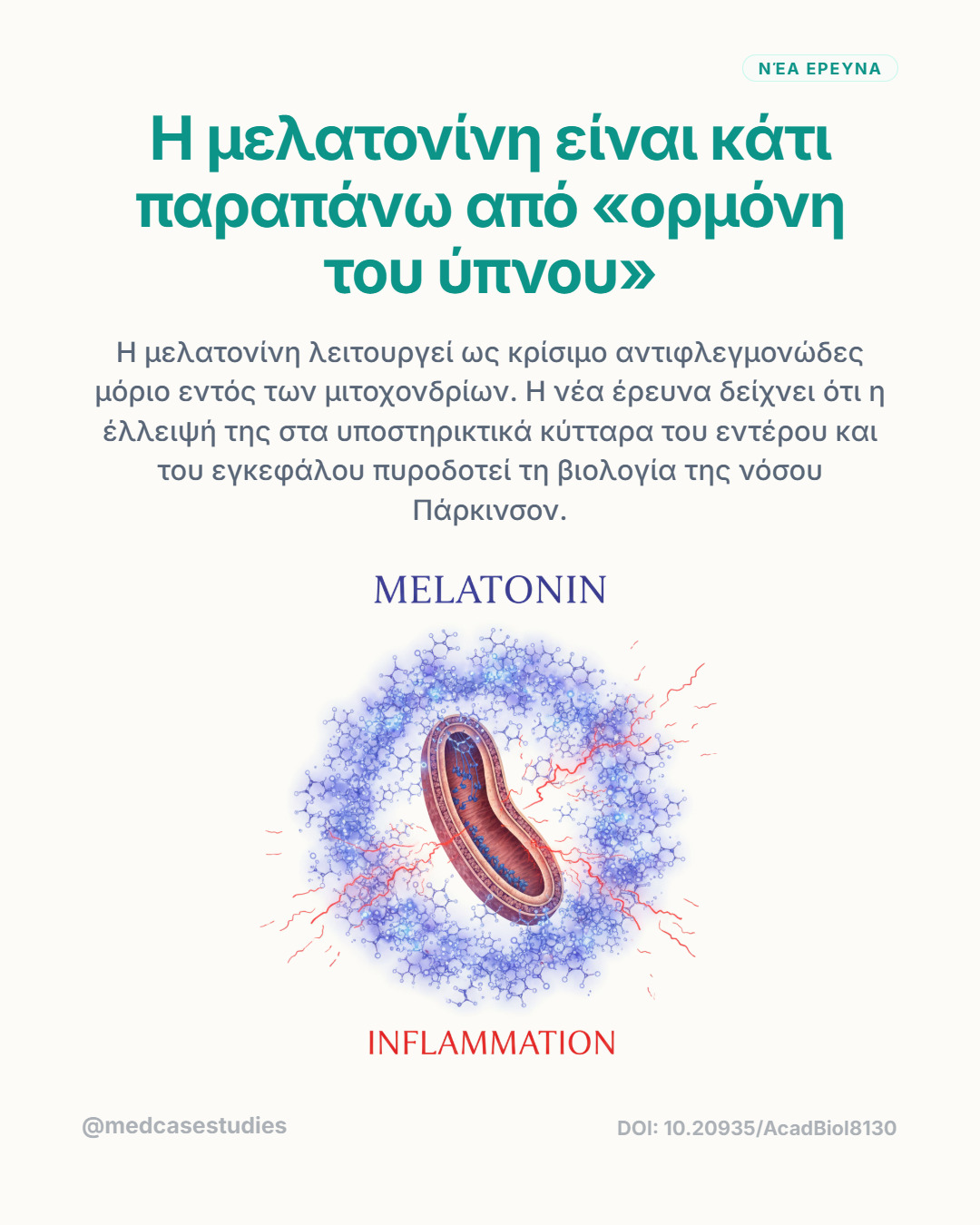 Μιτοχόνδριο στο κέντρο μοριακής δομής, με τις λέξεις MELATONIN και INFLAMMATION.