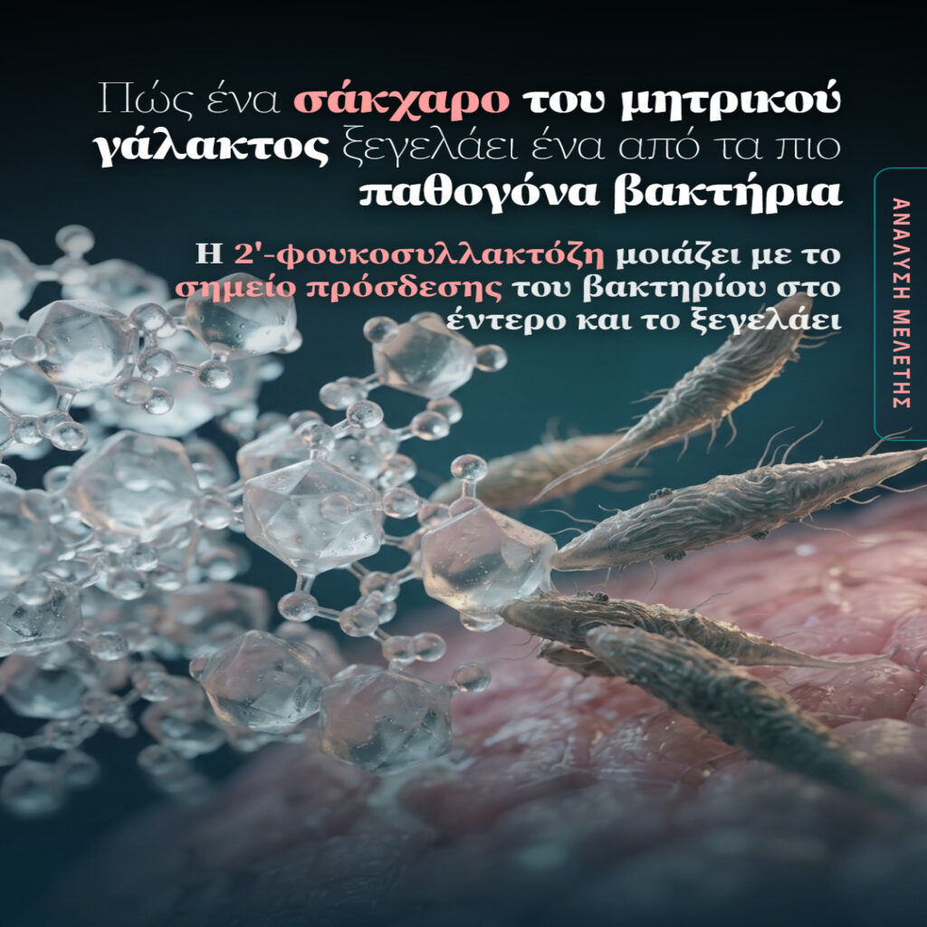 Τρισδιάστατη απεικόνιση μορίων 2′-φουκοσυλλακτόζης δίπλα σε βακτήρια Fusobacterium nucleatum πάνω σε ιστό.