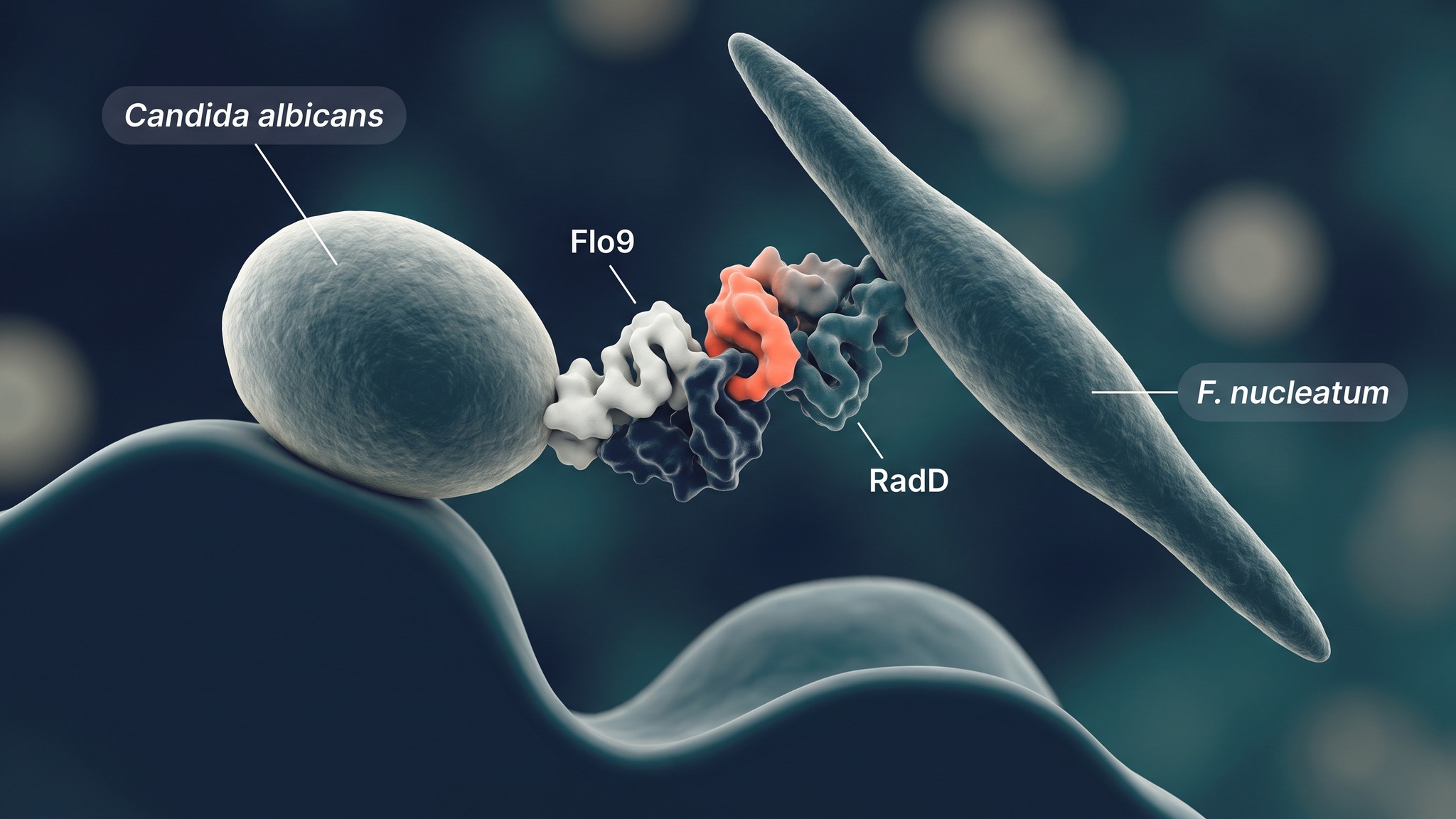 Scientific illustration of Candida albicans Flo9 binding Fusobacterium nucleatum RadD at colonic mucosa