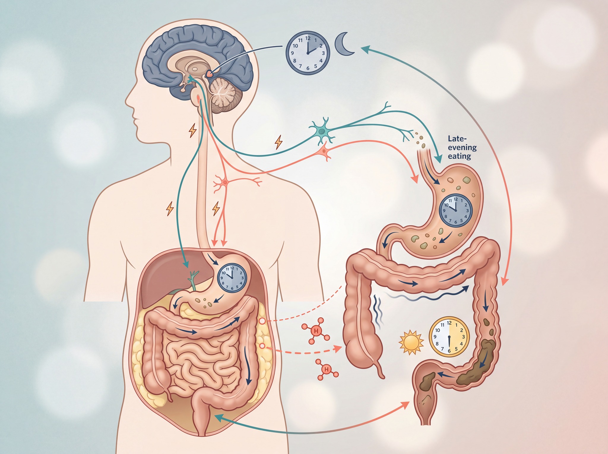 Alberts-style diagram showing delayed sleep timing, late eating, autonomic arousal, and clustered morning bowel movements