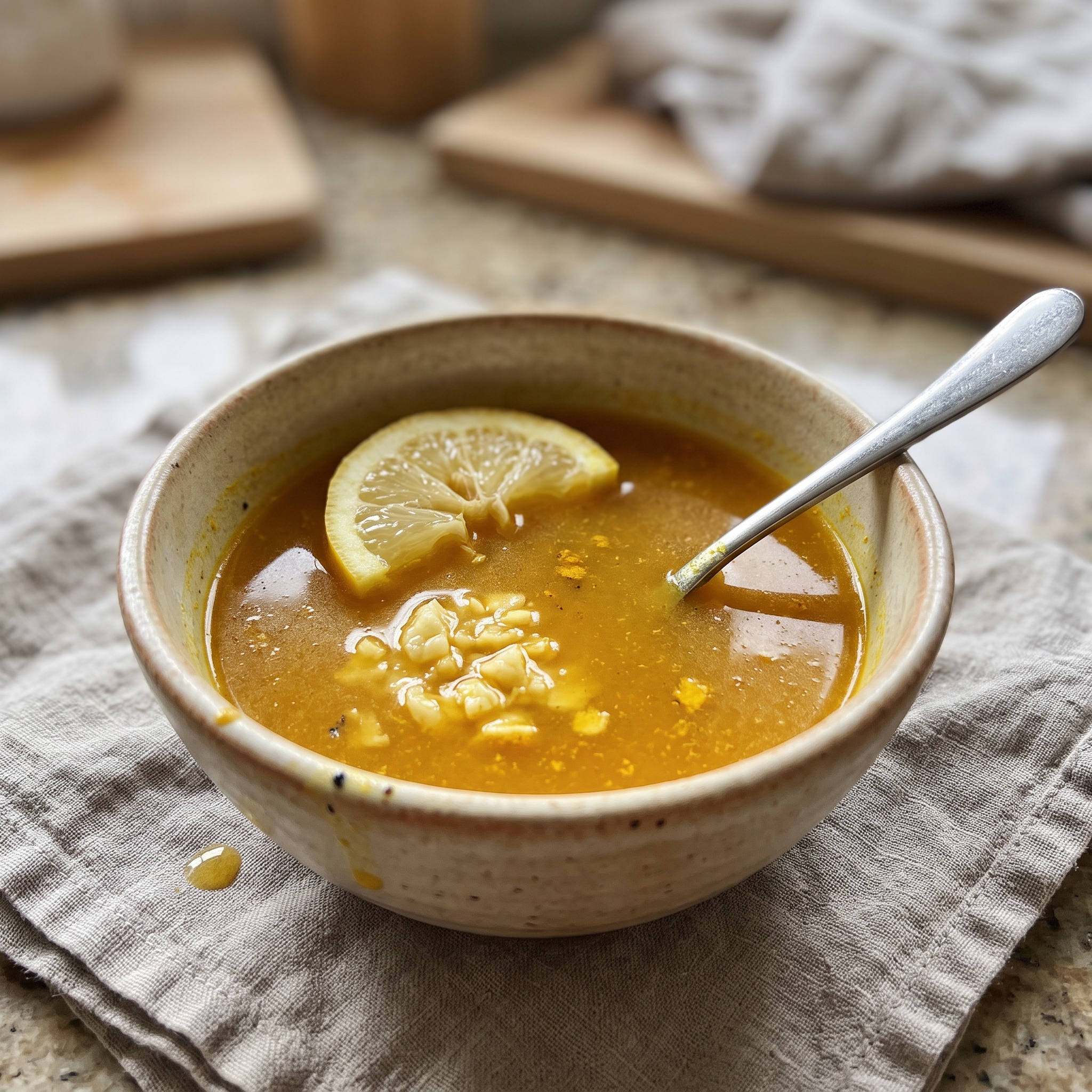Turmeric and fresh garlic broth in a ceramic bowl