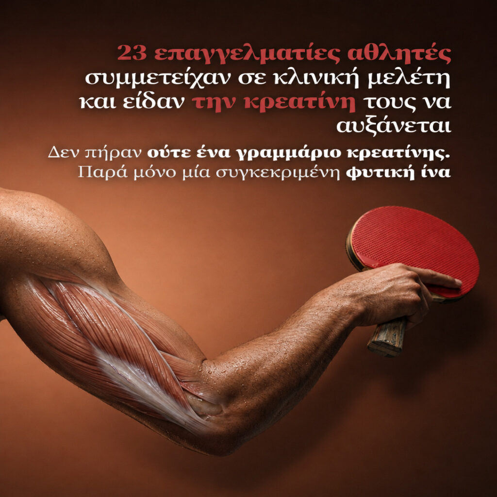 Μυώδες χέρι κρατά ρακέτα πινγκ πονγκ, με εμφανείς ανατομικούς μύες στον βραχίονα.